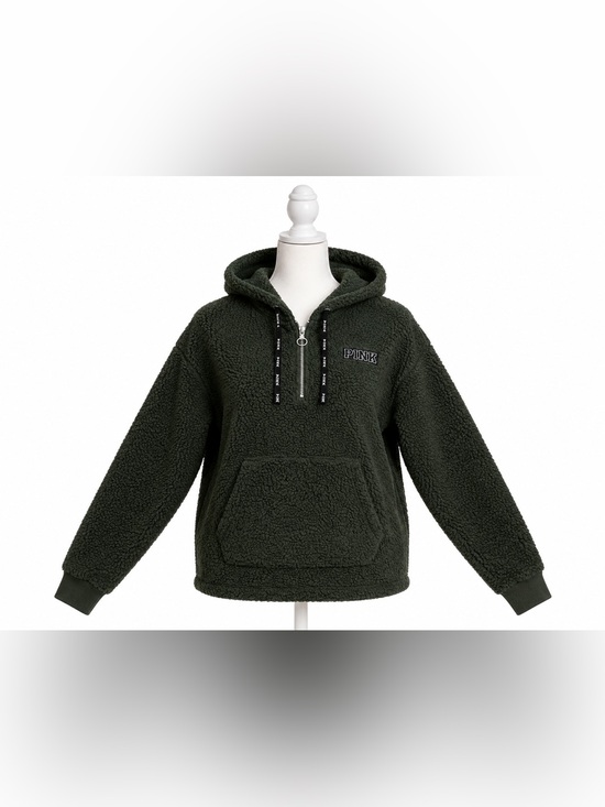 Victoria's Secret Tops - PINK Victoria’s Secret Green Sherpa Half Zip Hoodie Pullover Small
